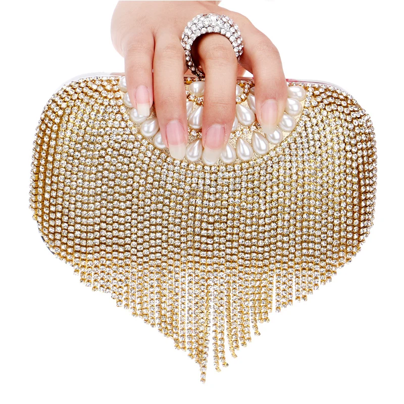 YNSSK Tassel Gold Rhinestone Clutch Bag Front View