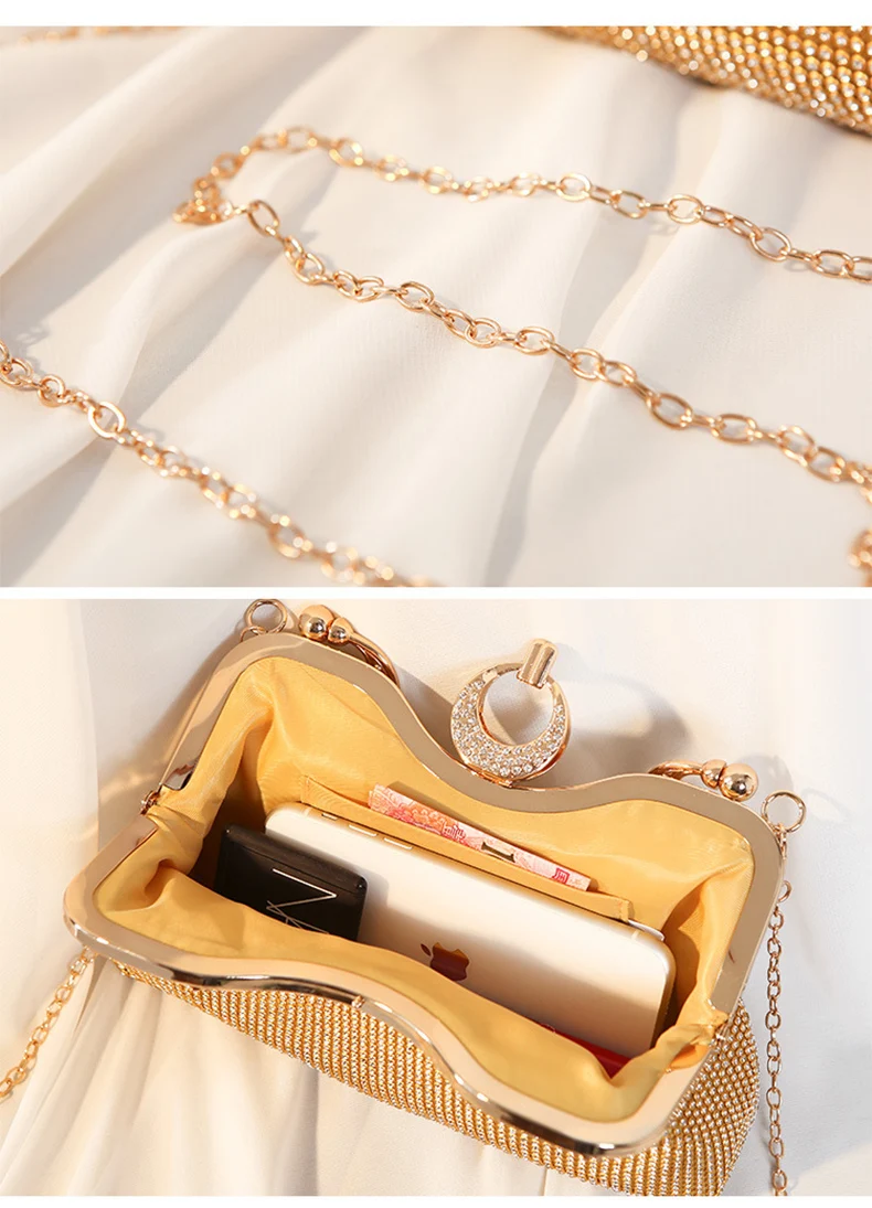 YNSSK Sparkling Gold Clutch Bag With Metal Handle Inside Detail