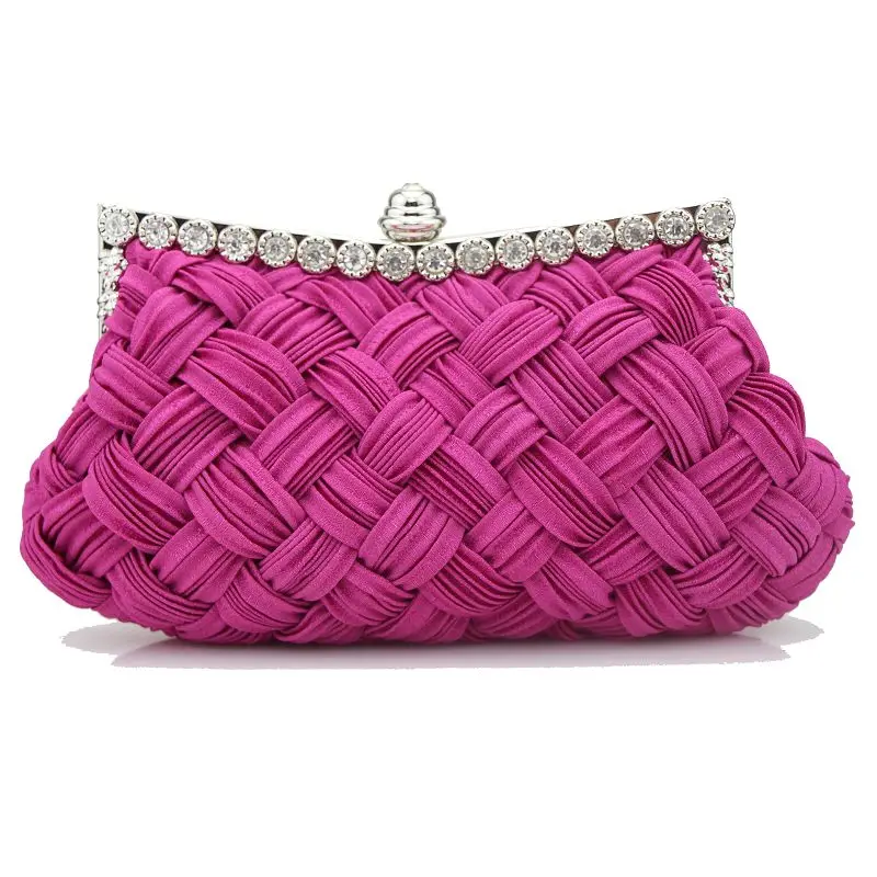 YNSSK Rose Red Rhinestone Braided Soft Clutch Bag Front View