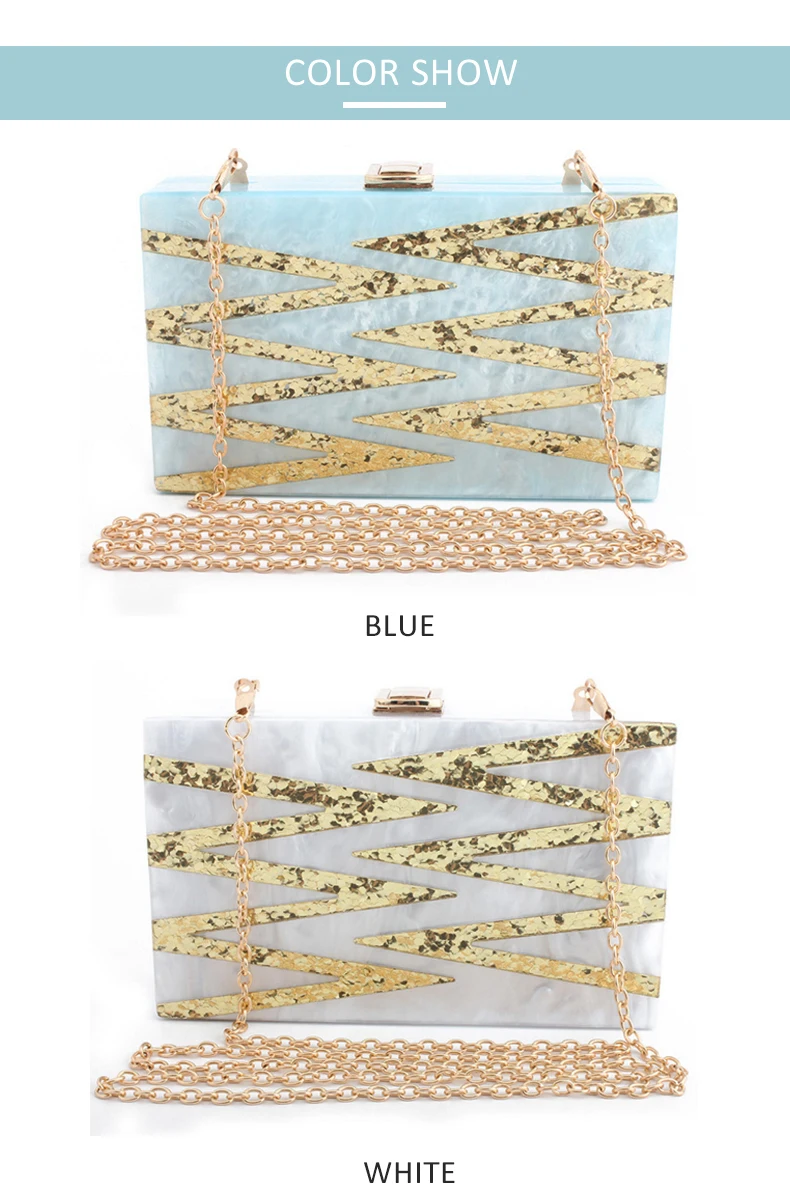 YNSSK Blue and White Color Acrylic Ripple Pattern Glitter Clutch Purse Front View