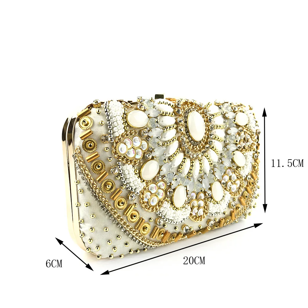 YNSSK Bead Embroidered Gold Satin Clutch Bag with Handle Size