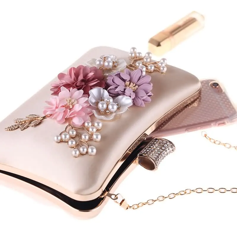 YNSSK Apricot Floral Velour Clutch Bag for Wedding with Chain Side View