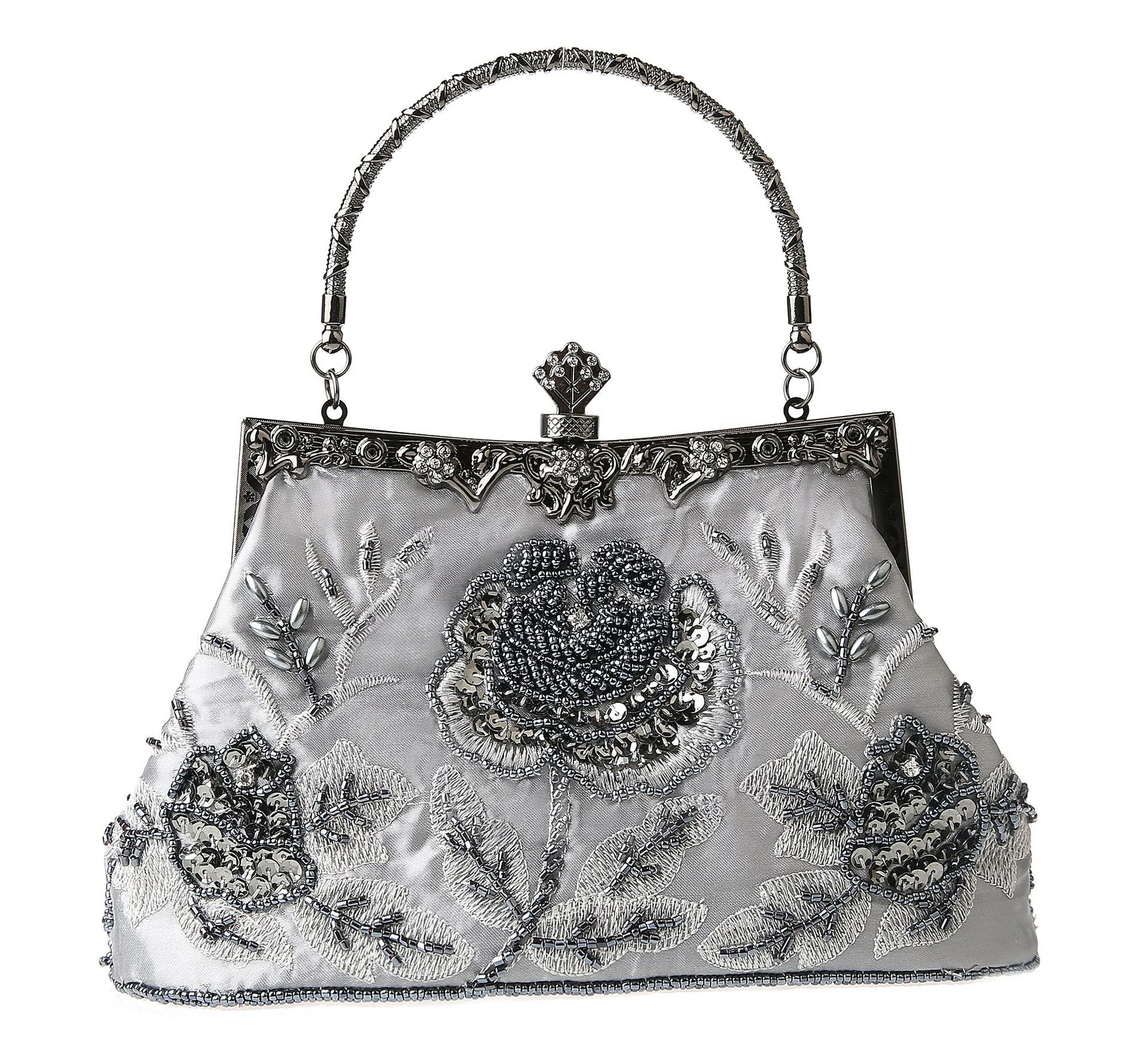 YNSSK Silver Vintage Embroidered Clutch Front View