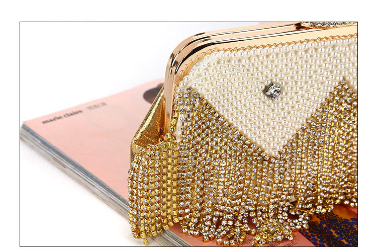 YNSSK Gold Tassel Rhinestone Clutch Bag Front View