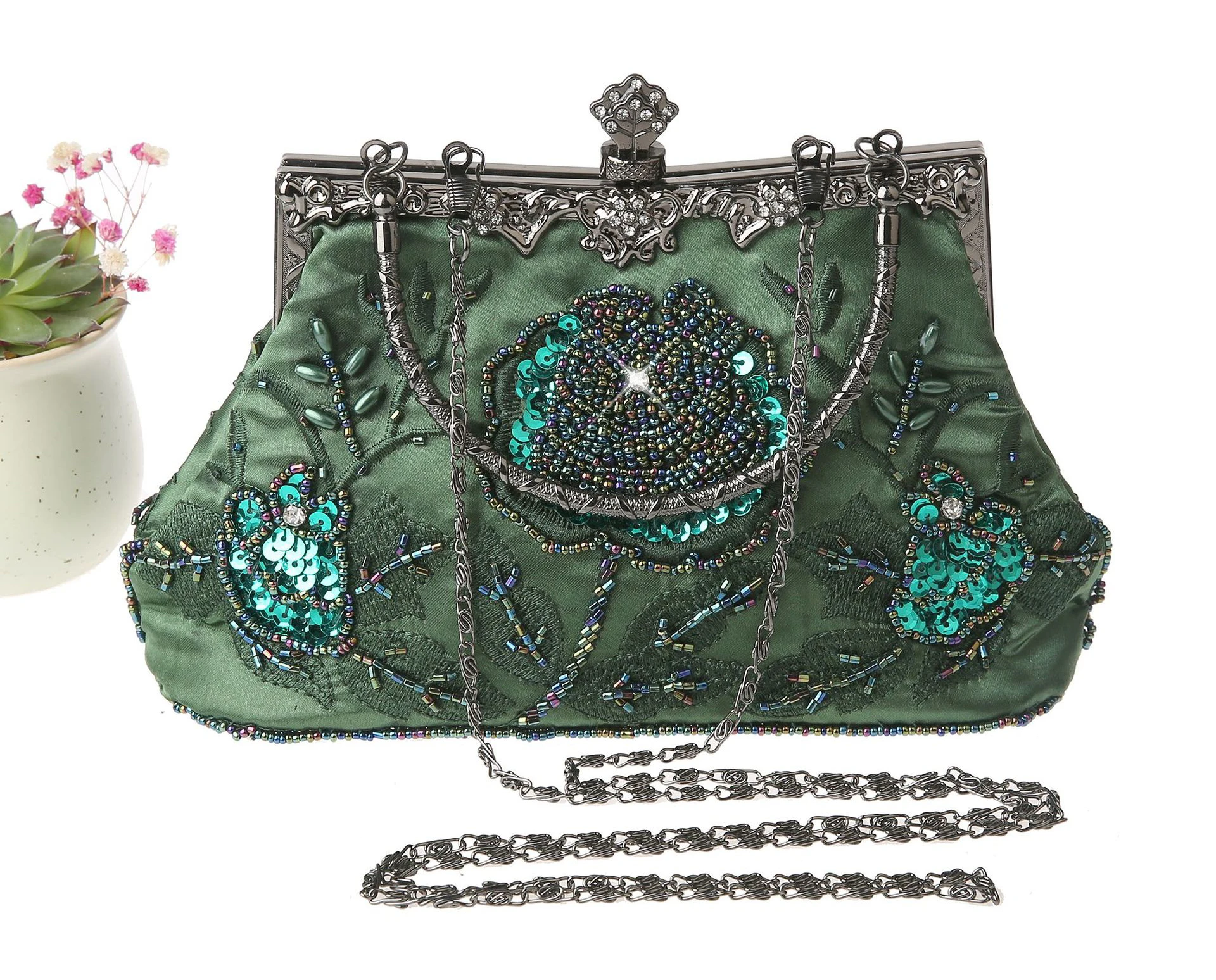 YNSSK Green Vintage Embroidered Clutch Front View