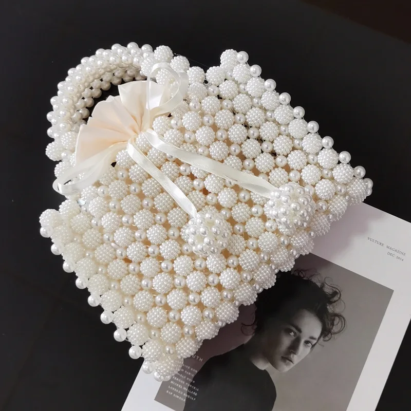 YNSSK Beige Beads Drawstring Clutch Bag For Wedding Front View