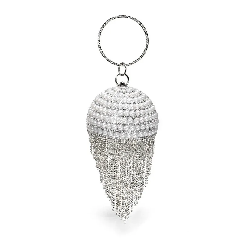 YNSSK Silver Round Pearl Glitter Clutch Bag Front View