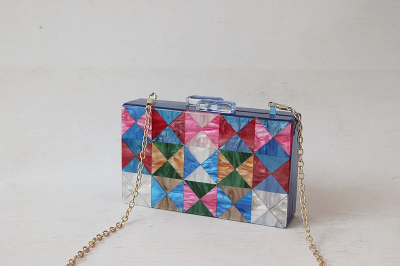 YNSSK Spliced Color Block Acrylic Clutch Bag with Chain Front View