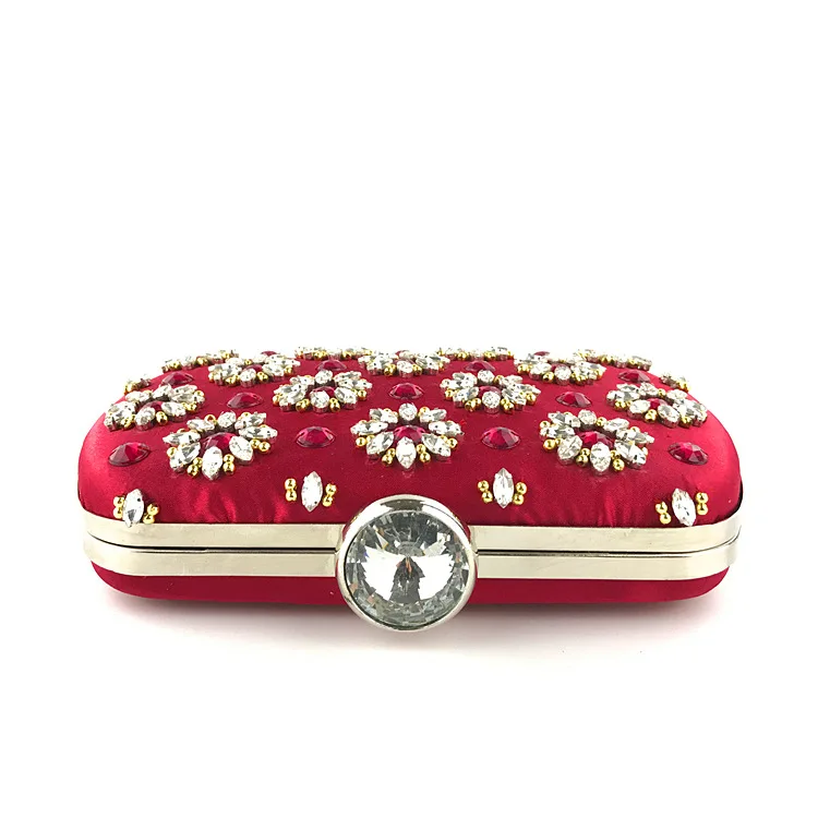 YNSSK Rhinestone Floral Red Satin Evening Bag Top View