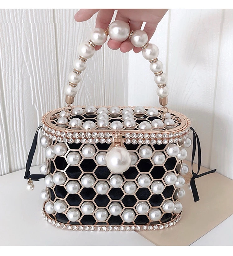 YNSSK Pearl Metal Case Drawstring Velvet Basket Clutch Bag Black Color Front View