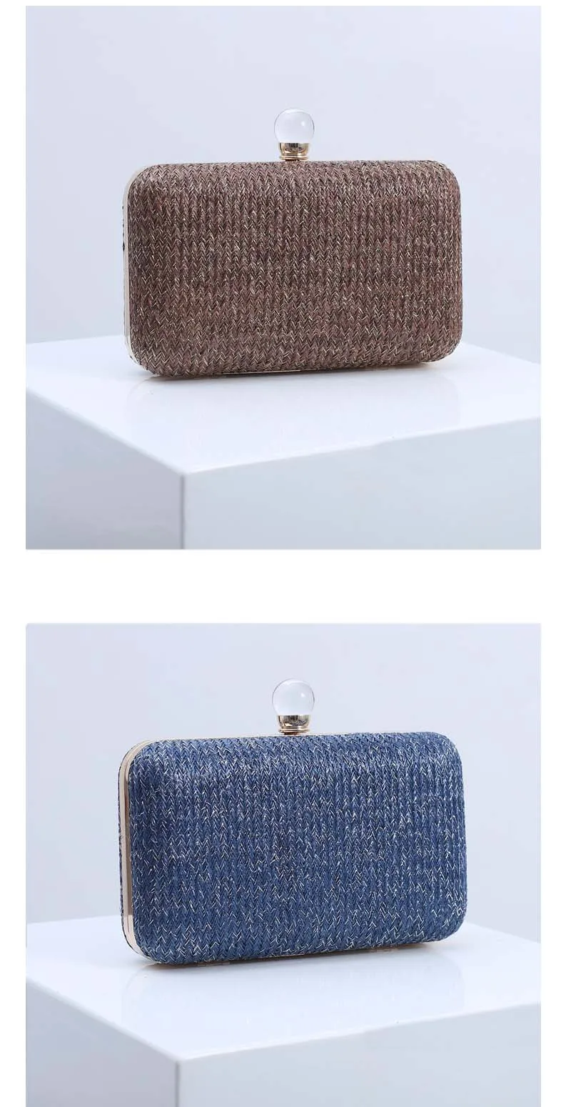 YNSSK Brown and Navy Woven Straw Clutch Bag Front View