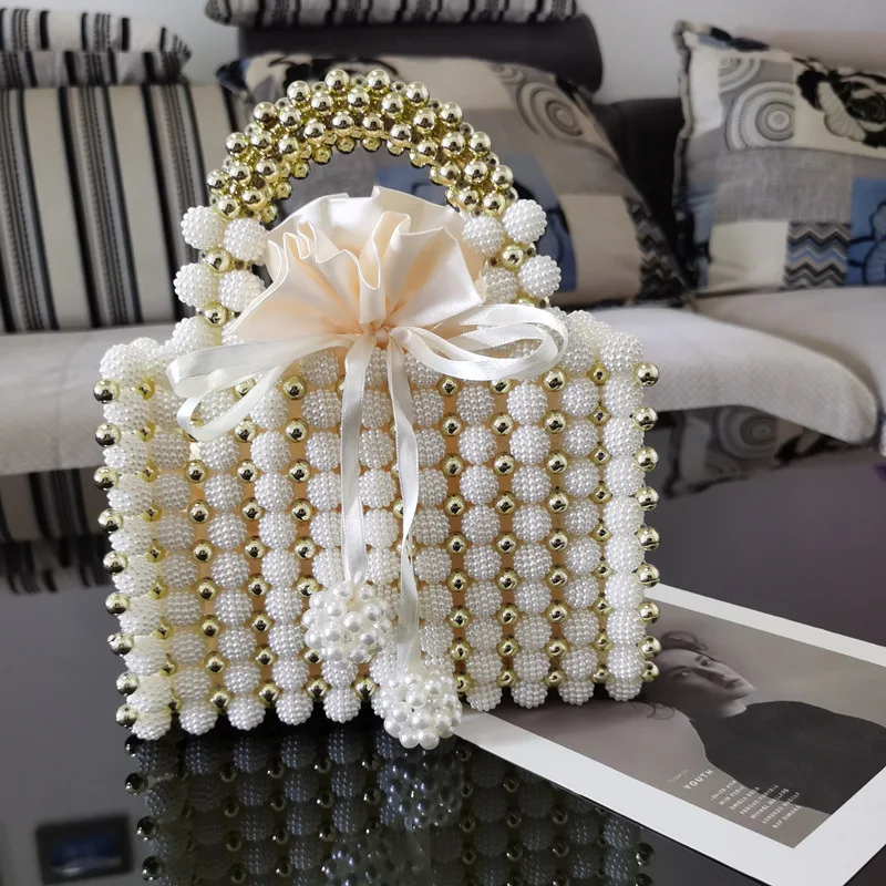 YNSSK Beige Beads Drawstring Clutch Bag For Wedding Front View