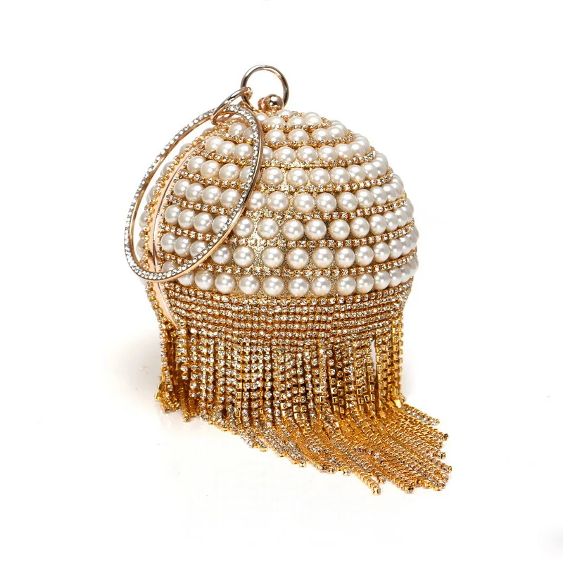 YNSSK Gold Round Pearl Glitter Clutch Bag Side View