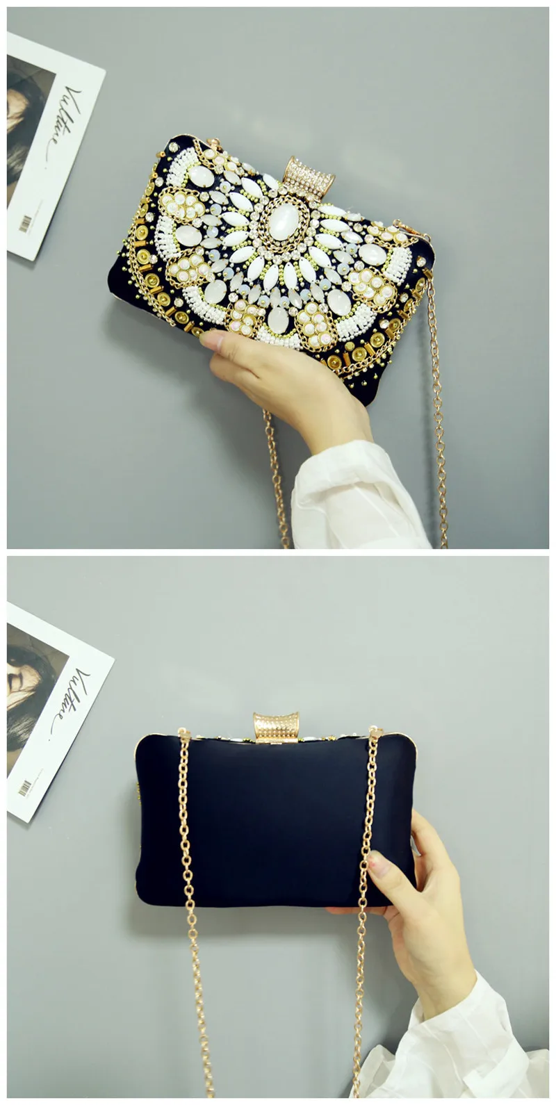 YNSSK Black Beaded Clutch Evening Bag Back View