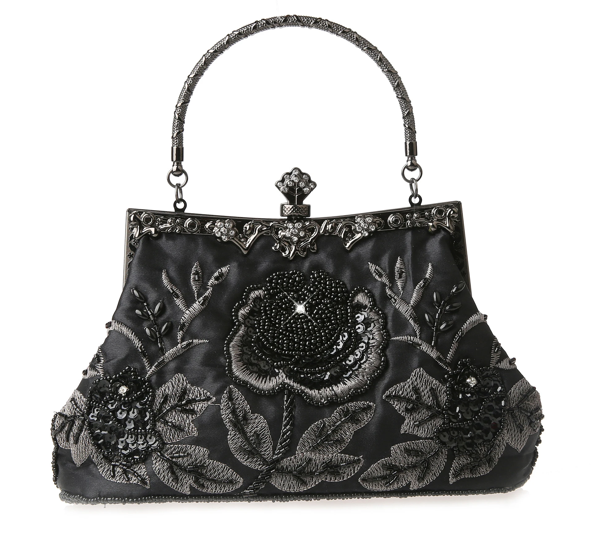 YNSSK Black Vintage Embroidered Clutch Front View