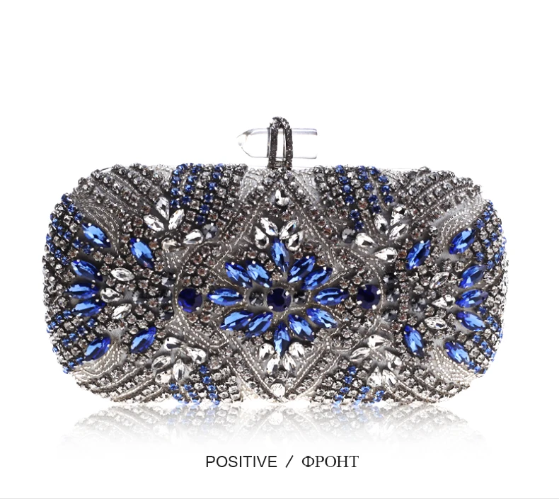 YNSSK Navy Silver Rhinestone Blue Evening Clutch Purse Front View