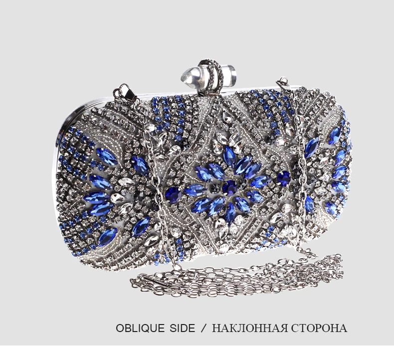 YNSSK Navy Silver Rhinestone Blue Evening Clutch Purse Side View