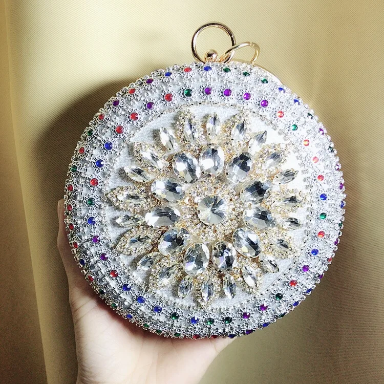 Front View of the Silver YNSSK Round Rhinestone Evening Bag