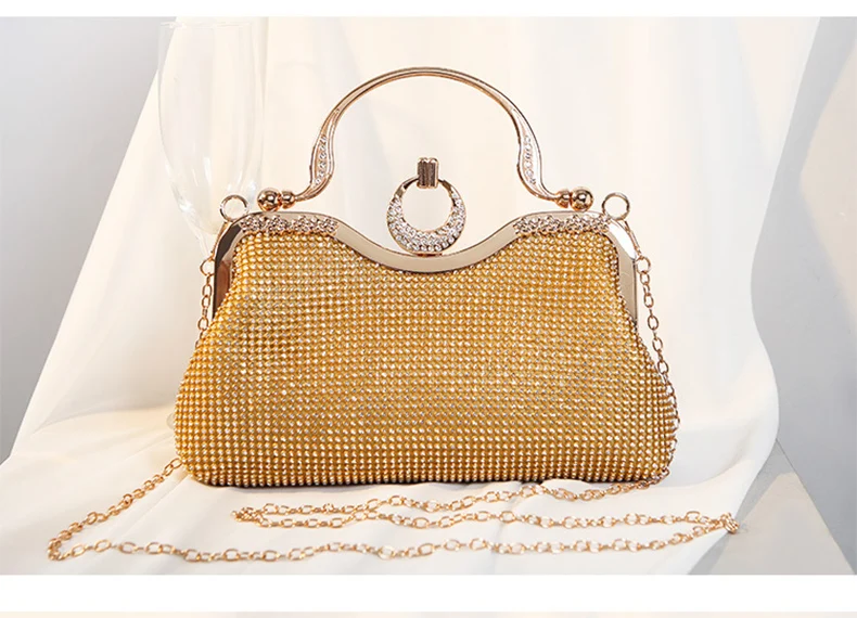 YNSSK Sparkling Gold Clutch Bag With Metal Handle Front View