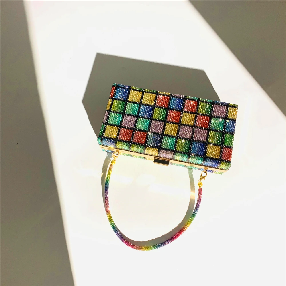 Front View of Square Color Block YNSSK Rectangular Rainbow Evening Bag with Handle