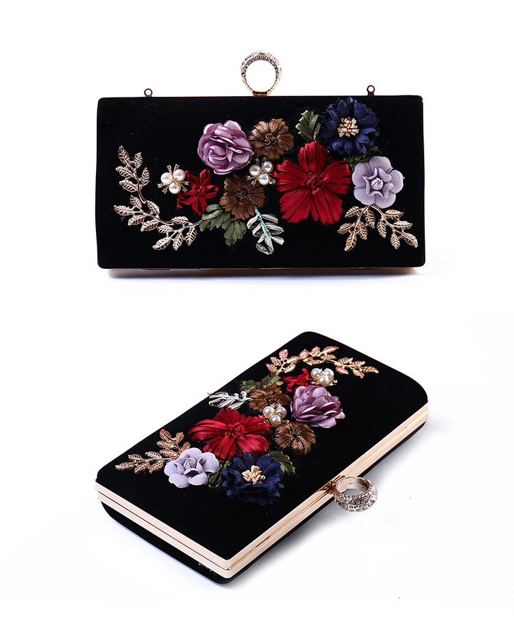 YNSSK Black Floral Clutch Bag for Party Front and Side View