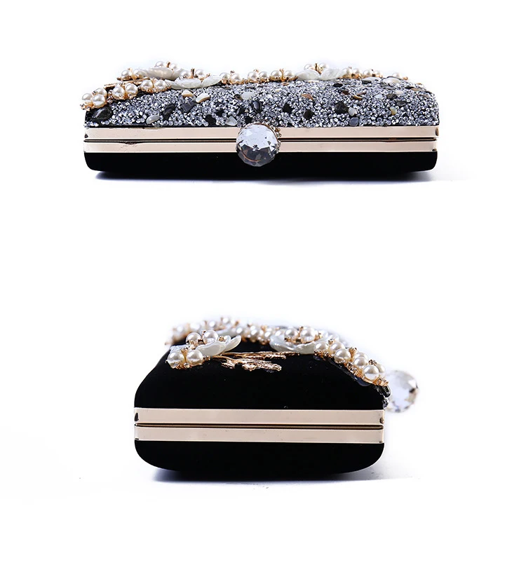 YNSSK Black Floral Beads Clutch Bag Top and Side View