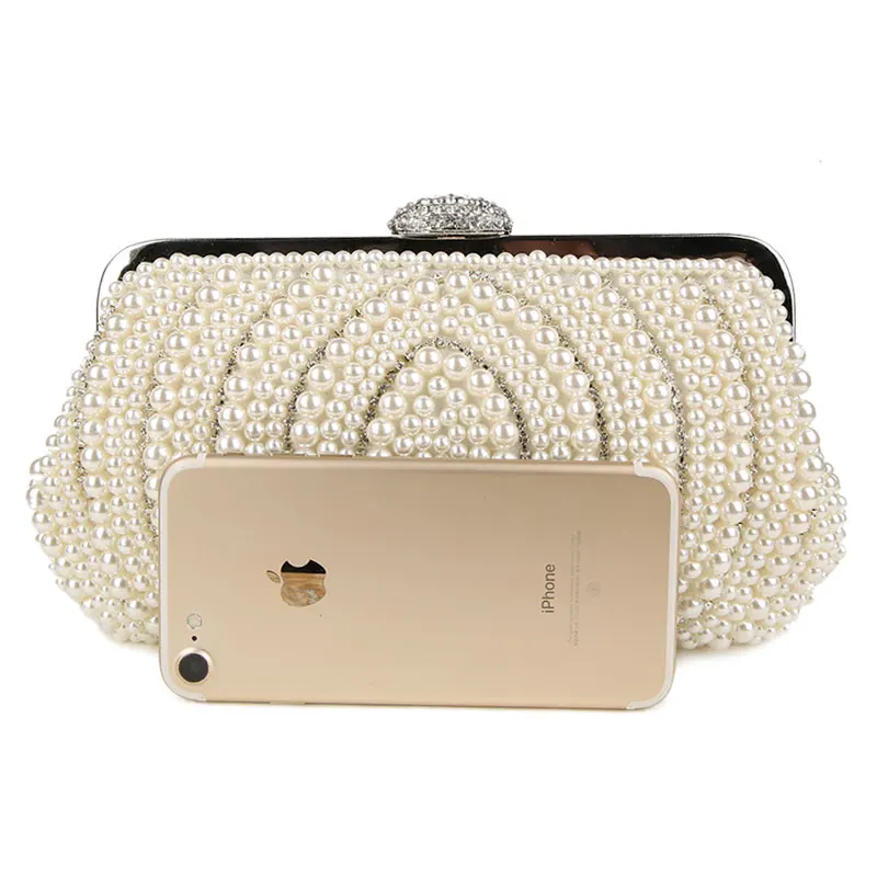 YNSSK Beige Beaded Bridal Clutch Bag for Wedding Size Compare with iPhone