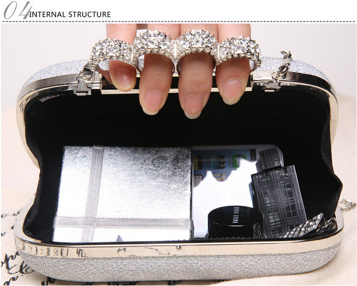 YNSSK Silver Clutch Purse With Brass Knuckle Handle Inside View