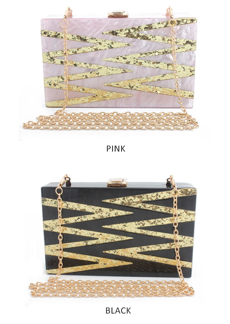 YNSSK Pink and Black Color Acrylic Ripple Pattern Glitter Clutch Purse Front View