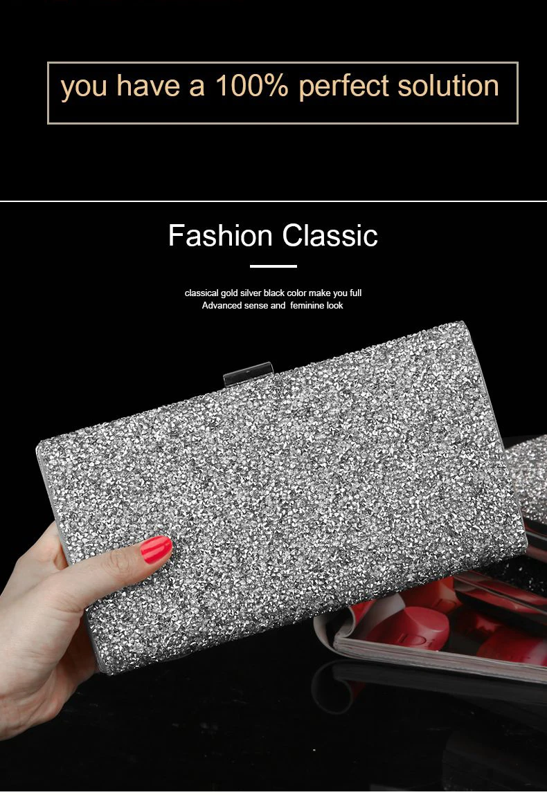 YNSSK Silver Sparkle Clutch Bag Front View