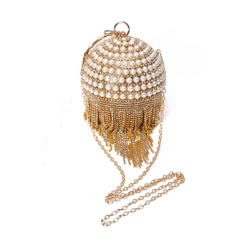 YNSSK Gold Round Pearl Glitter Clutch Bag with Chain Front View