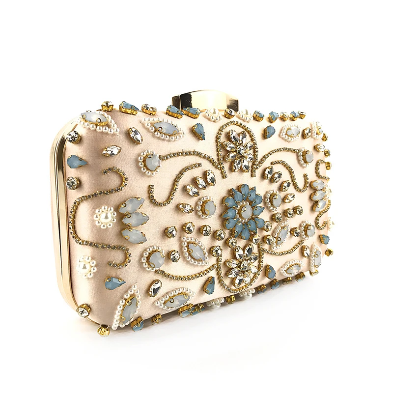 YNSSK Gold Satin Floral Clutch Bag Side View