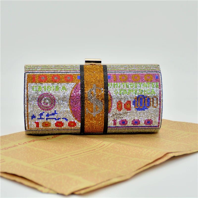 YNSSK $100 Dollar Clutch Rhinestone Purse Orange Color Front View