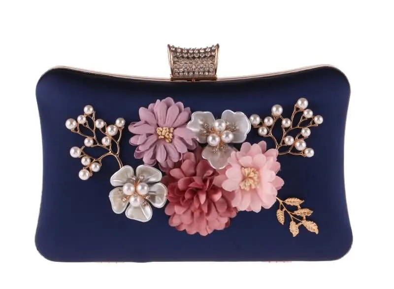 YNSSK Navy Floral Velour Clutch Bag for Wedding Front View