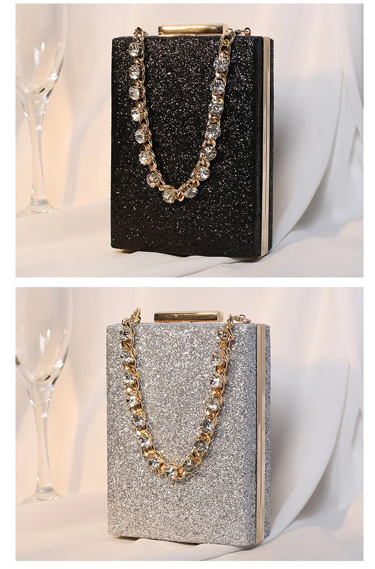 YNSSK Black and Silver Small Sparkling Clutch With Handle Back View