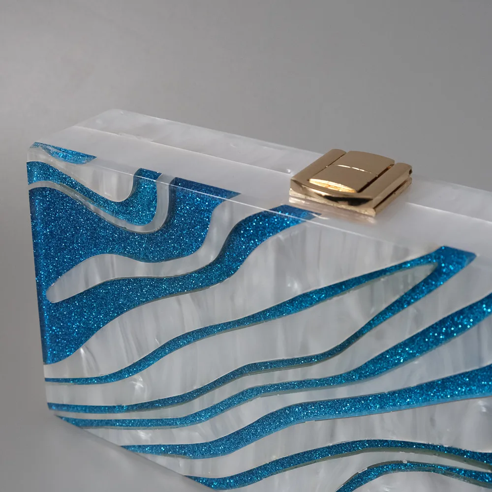 YNSSK Blue and White Spliced Glitter Clutch Top View
