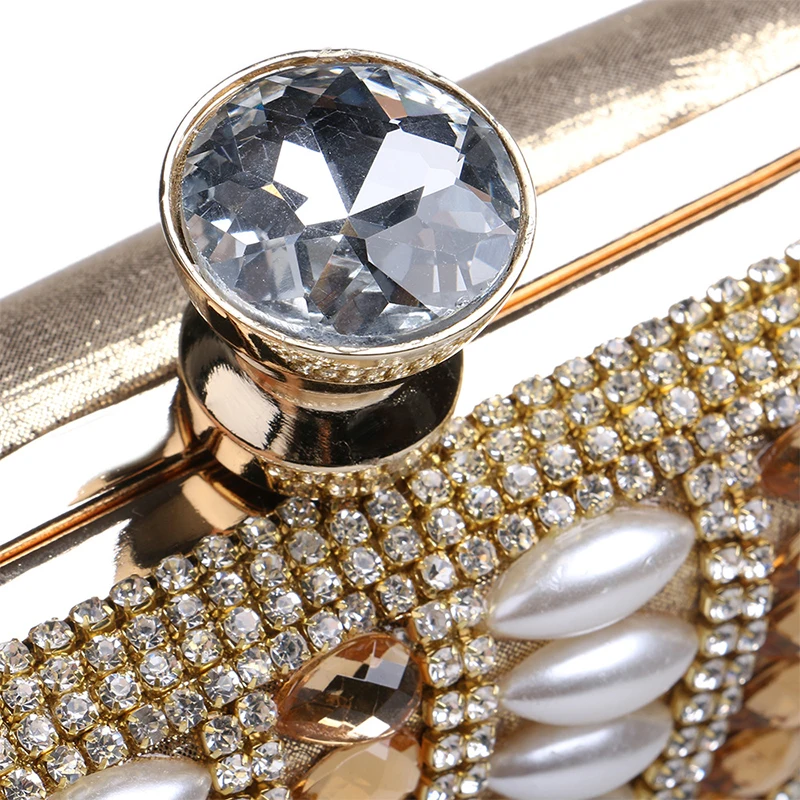 YNSSK Rhinestone and Beads Embellished Gold Clutch Bag Top Detail View
