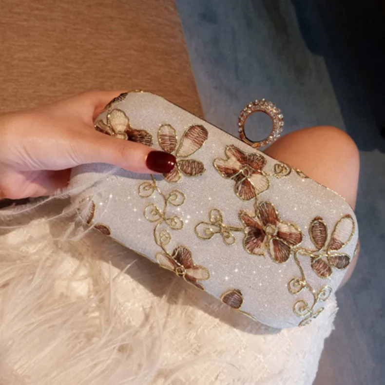 YNSSK Floral Embroidered Silver Clutch Bag Model Display View