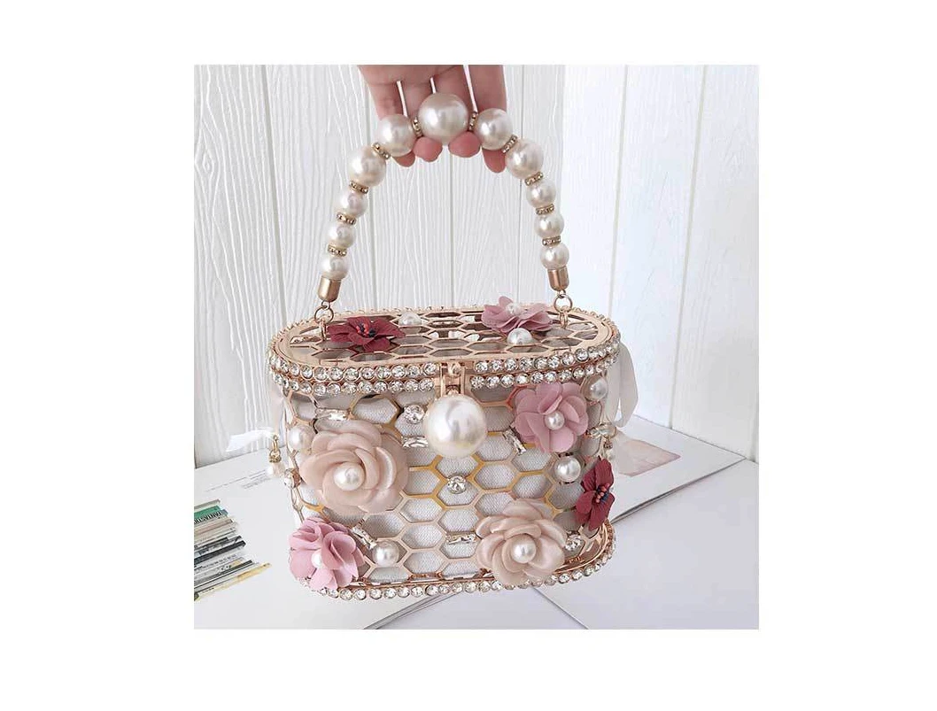 YNSSK Floral Metal Case Basket Clutch Bag Apricot Color Front View