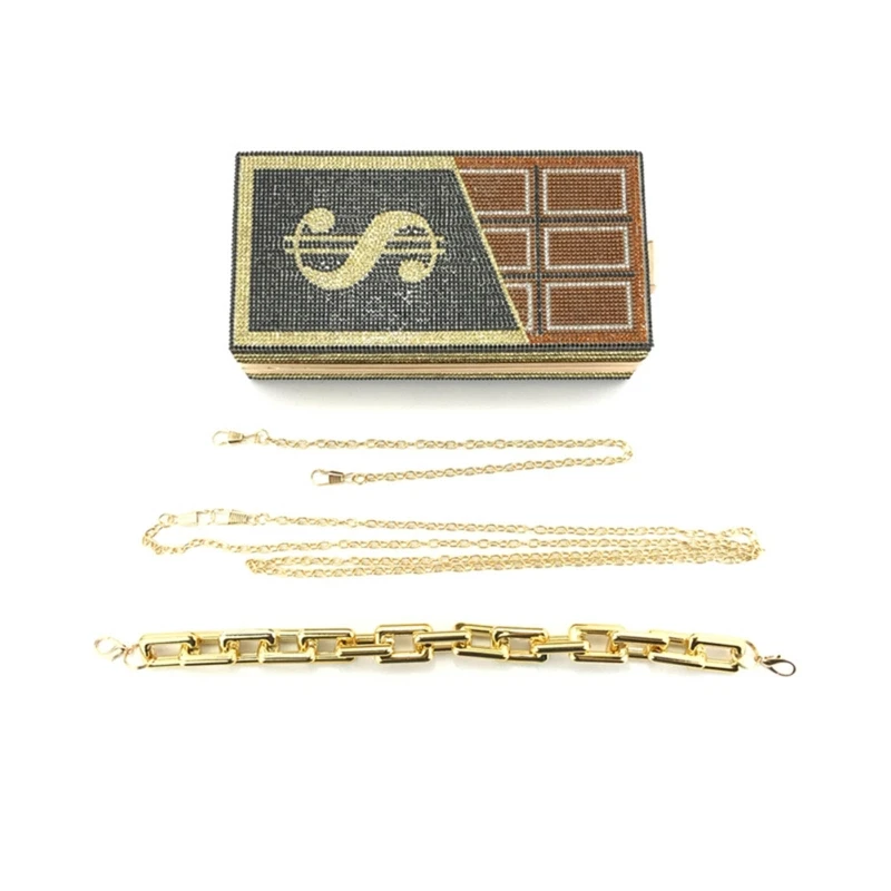 Front view of YNSSK Dollar Chocolate Shaped Evening Bag with various chains