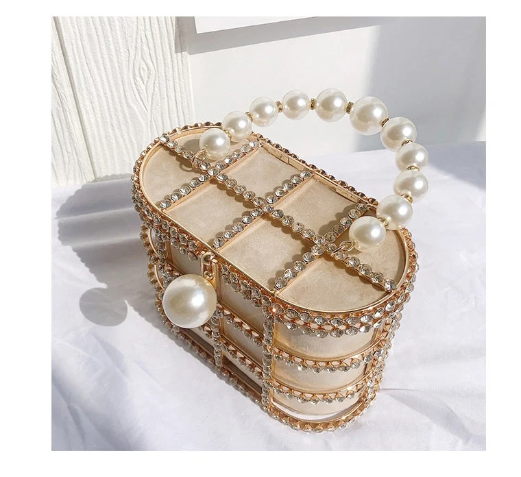 YNSSK Sparkling Metal Case Drawstring Basket Clutch Bag Apricot Color Top View