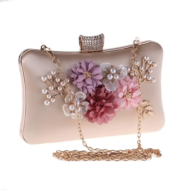 YNSSK Apricot Floral Velour Clutch Bag for Wedding with Chain Front View