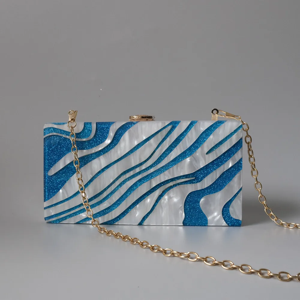 YNSSK Blue and White Spliced Glitter Clutch with Chain Front View