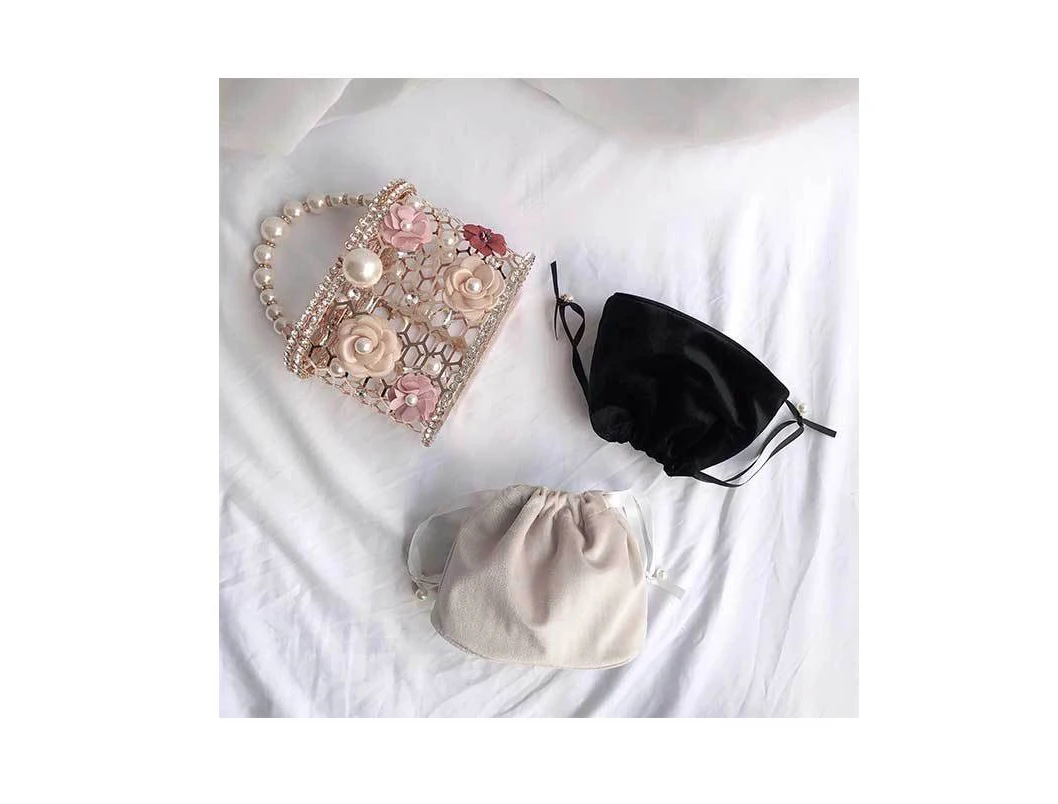 YNSSK Floral Metal Case Basket Clutch Bag Apricot Color Front View