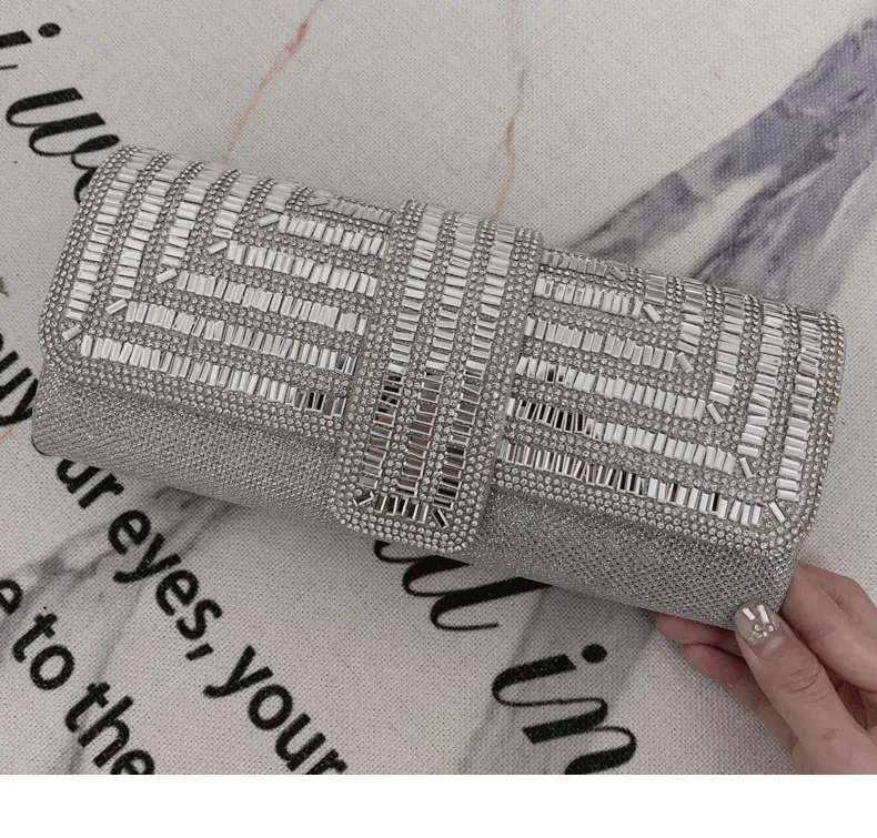 YNSSK Black Square Evening Bag Silver Front View
