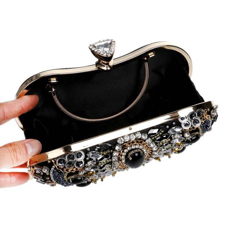 YNSSK Silver Black Crystal Metal Decorative Clutch Bag Inside View