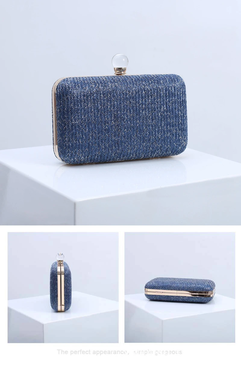 YNSSK Navy Woven Straw Clutch Bag Front and Side View