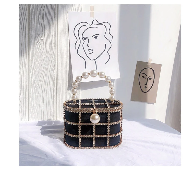 YNSSK Sparkling Metal Case Drawstring Basket Clutch Bag Black Color Front View