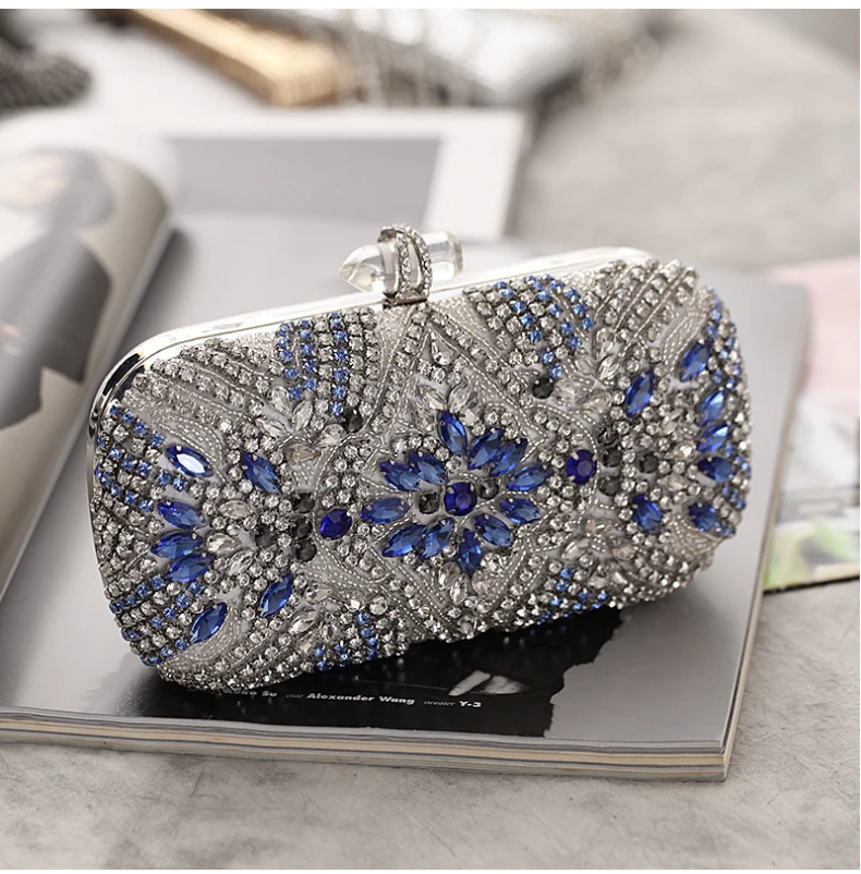 YNSSK Navy Silver Rhinestone Blue Evening Clutch Purse Front View
