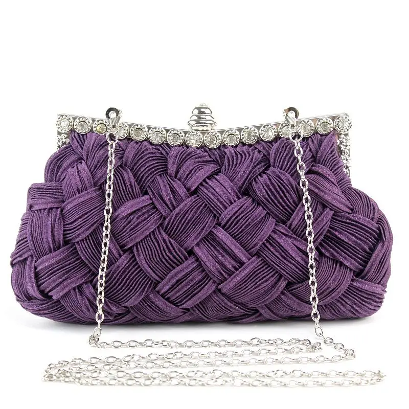 YNSSK Purple Rhinestone Braided Soft Clutch Bag with Chain Front View